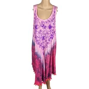 NWT Vtg Y2K Pink Purple Ombre Dip Dye Floral Embroidered Fairy Slip Dress OS